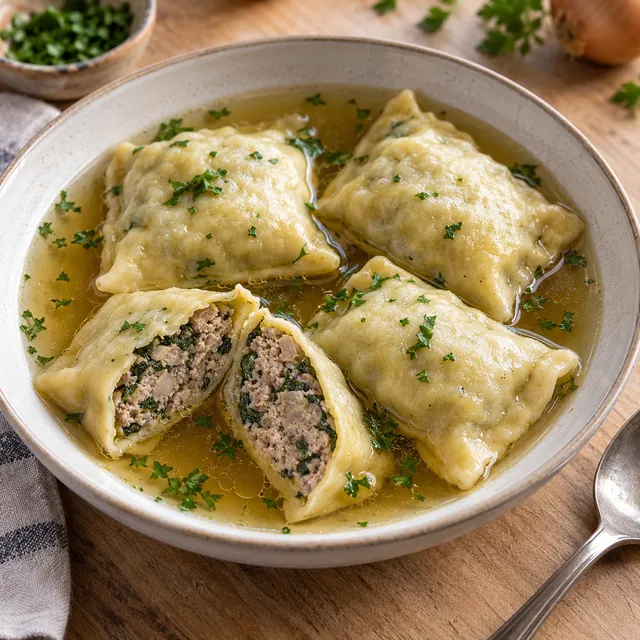 Maultaschen in klarer Brühe mit Petersilie und sichtbarer Fleisch-Spinat-Füllung