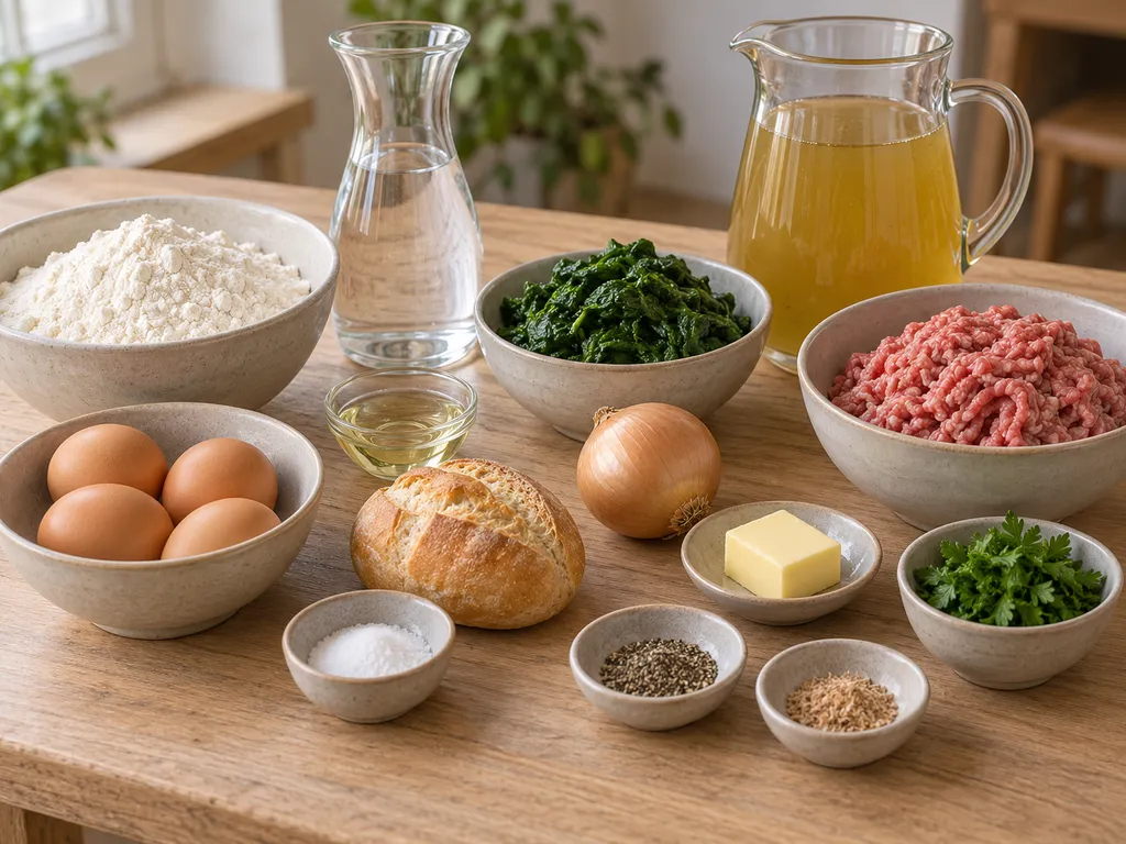 Mehl, Eier, Hackfleisch, Spinat und weitere Zutaten für selbst gemachte Maultaschen