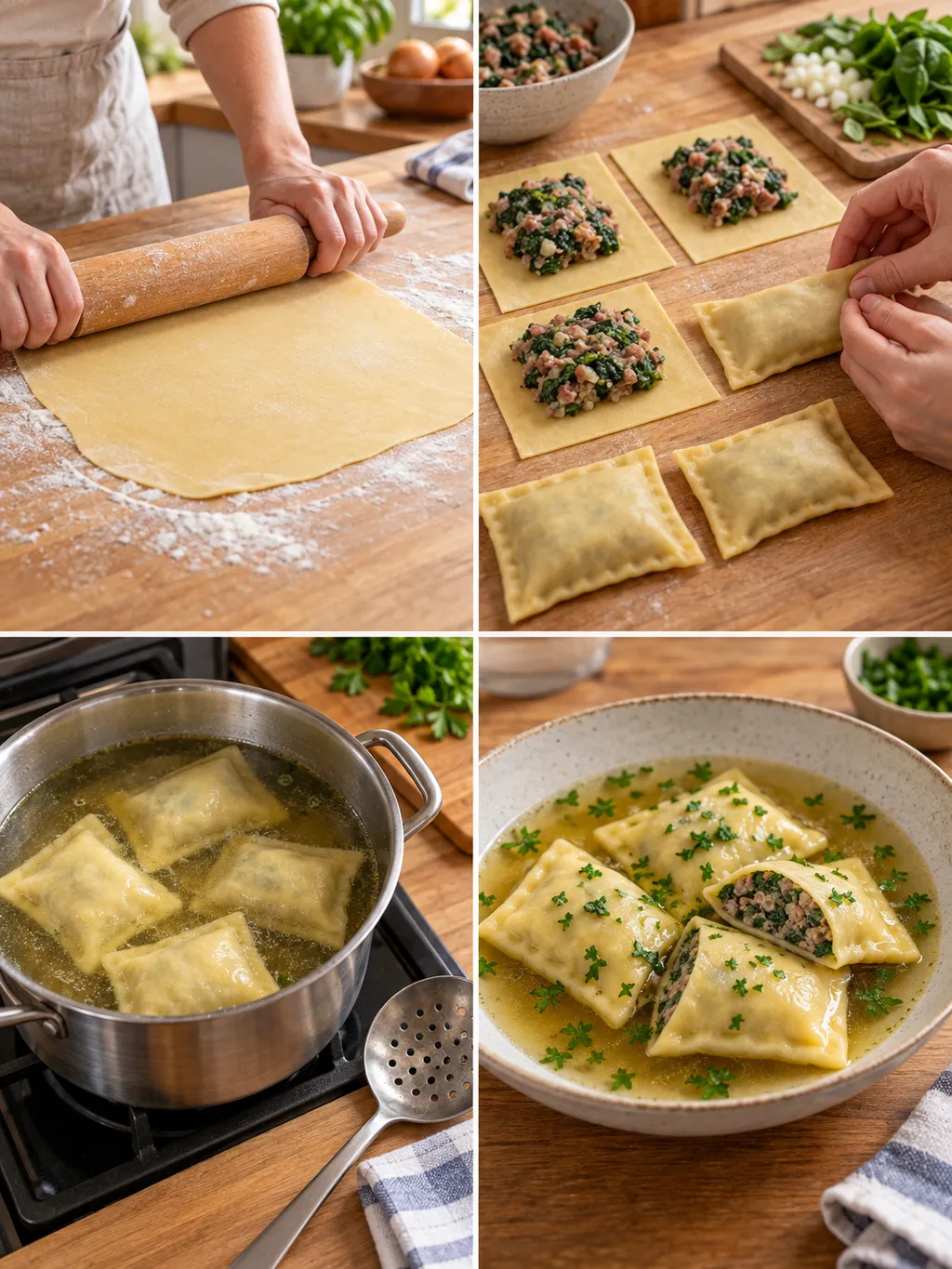 Maultaschen beim Ausrollen, Füllen und Garen sowie fertig angerichtet in Brühe