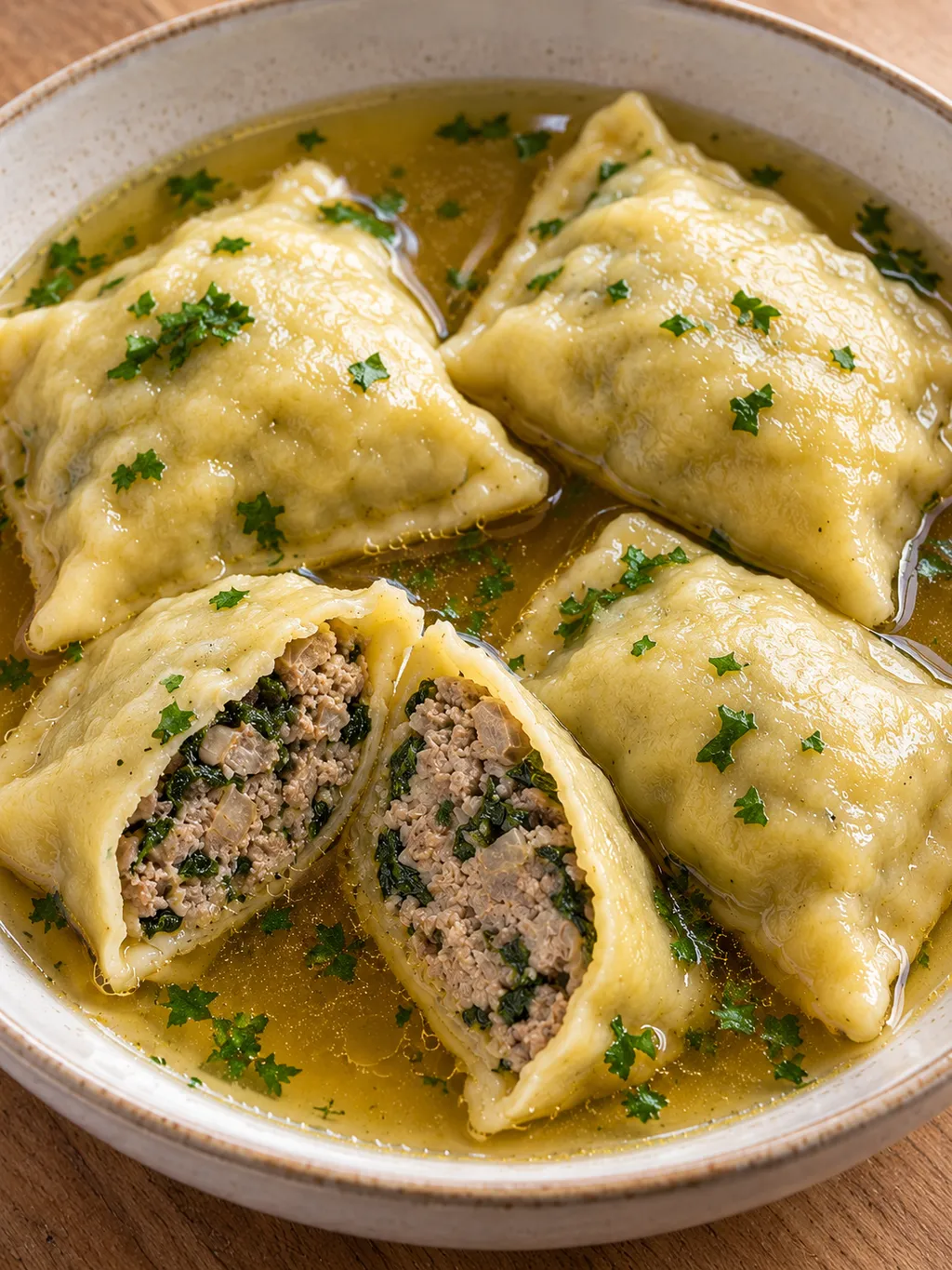 Maultaschen mit Fleisch-Spinat-Füllung und Petersilie in goldener Brühe