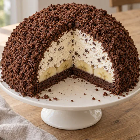 Maulwurfkuchen mit Krümelhaube, Bananenschicht und heller Creme mit Schokostückchen