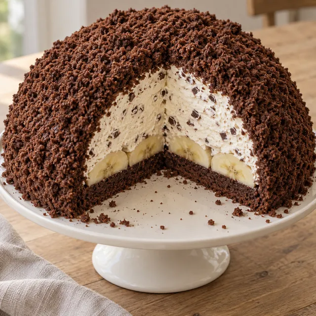 Maulwurfkuchen mit Krümelhaube, Bananenschicht und heller Creme mit Schokostückchen