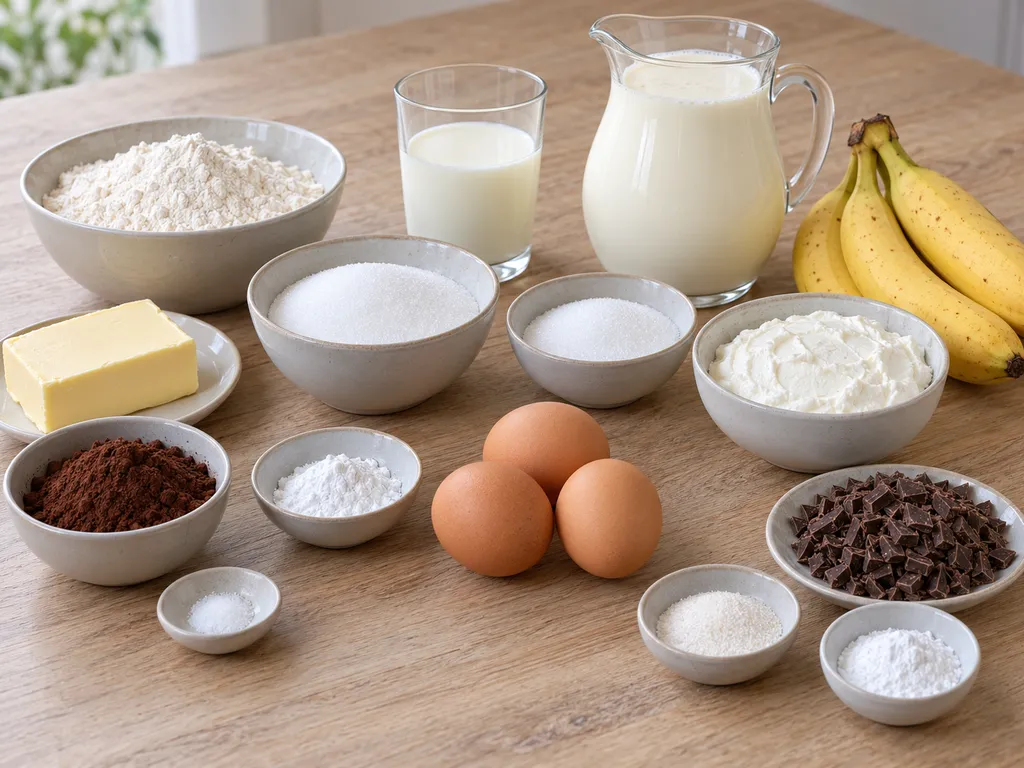 Butter, Eier, Kakao, Bananen, Sahne, Quark und Schokolade für Maulwurfkuchen