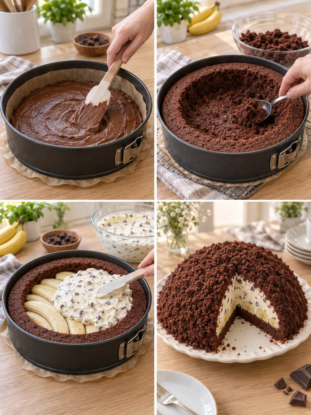 Maulwurfkuchen beim Teigverteilen, Aushöhlen und Füllen sowie fertig mit Krümelhaube