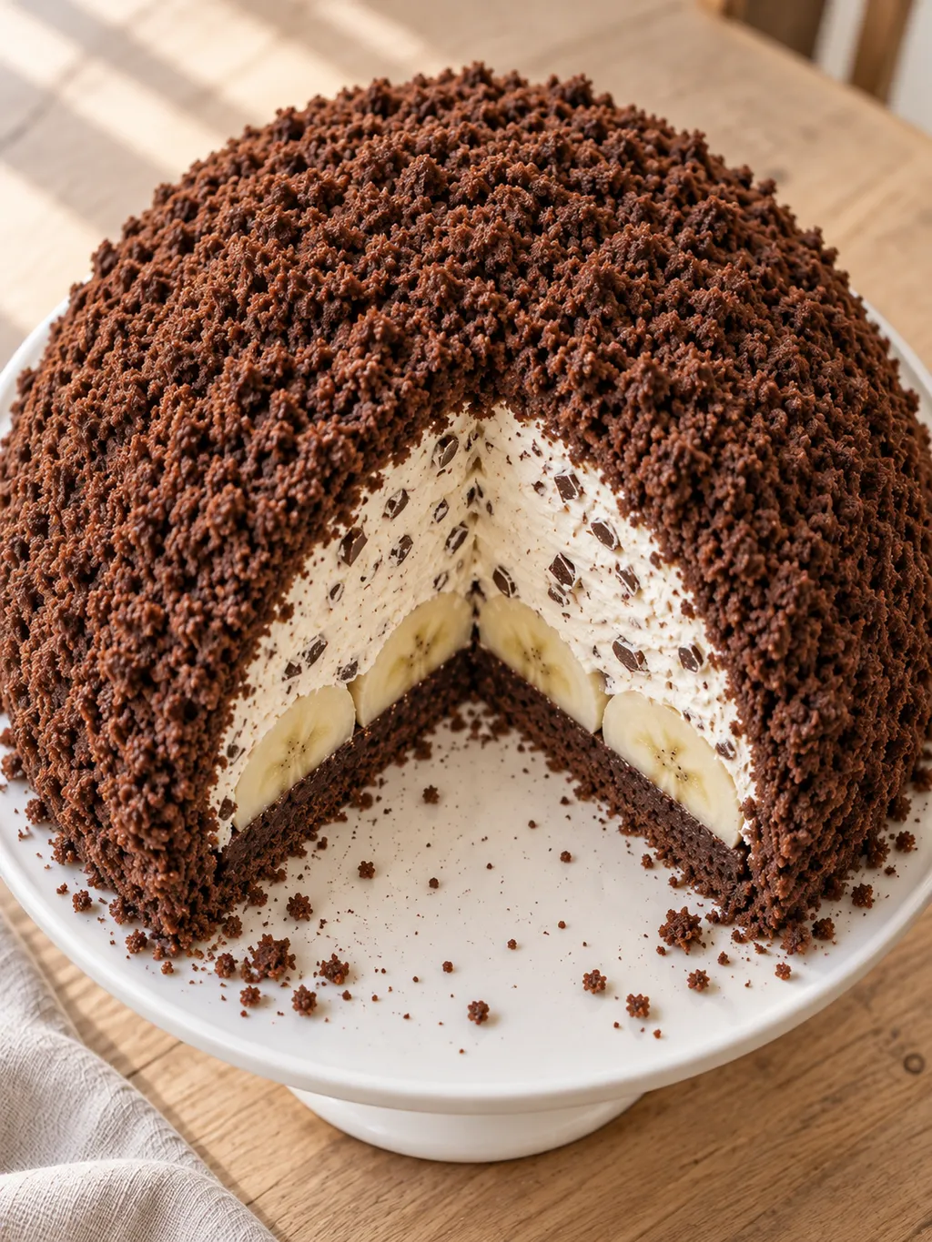 Angeschnittener Maulwurfkuchen mit Bananen, Schokostückchen und dunkler Krümelhaube