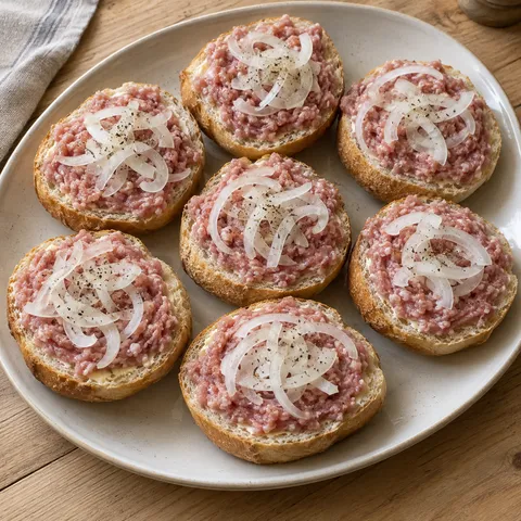 Mettbrötchen mit feinen Zwiebelhalbringen und schwarzem Pfeffer auf einer hellen Platte
