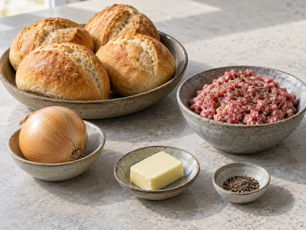 Vier Weizenbrötchen, Schweinemett, eine Zwiebel, Butter und schwarzer Pfeffer
