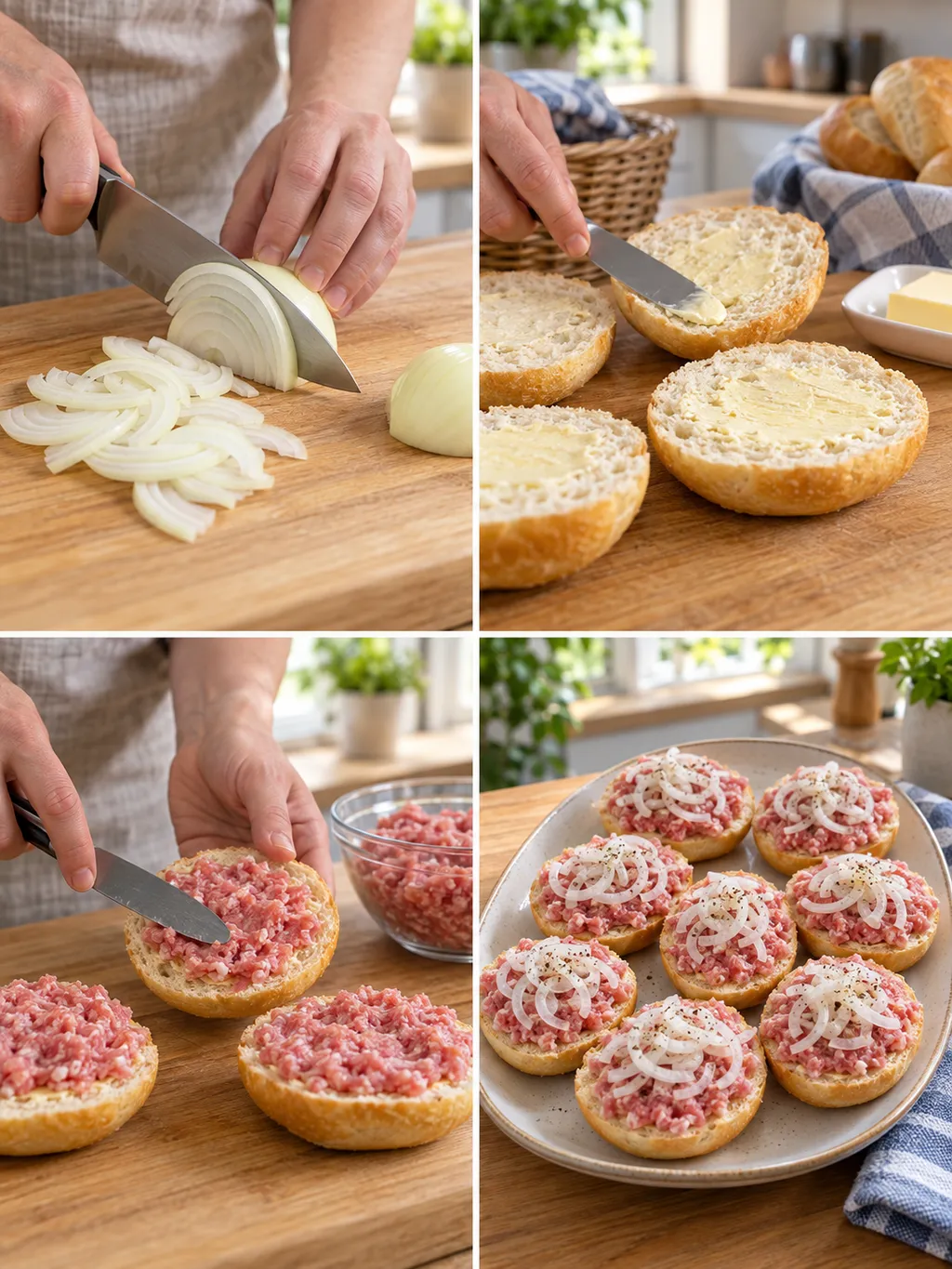 Zwiebeln schneiden, Brötchen bestreichen, Mett verteilen und fertige Mettbrötchen servieren