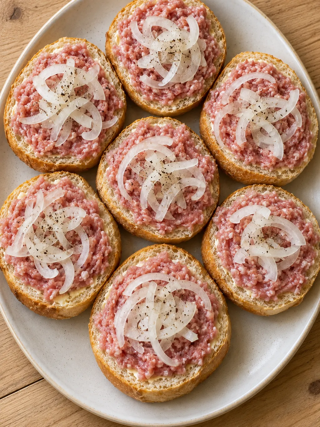 Mettbrötchen mit Zwiebelhalbringen und Pfeffer auf einer ovalen Servierplatte