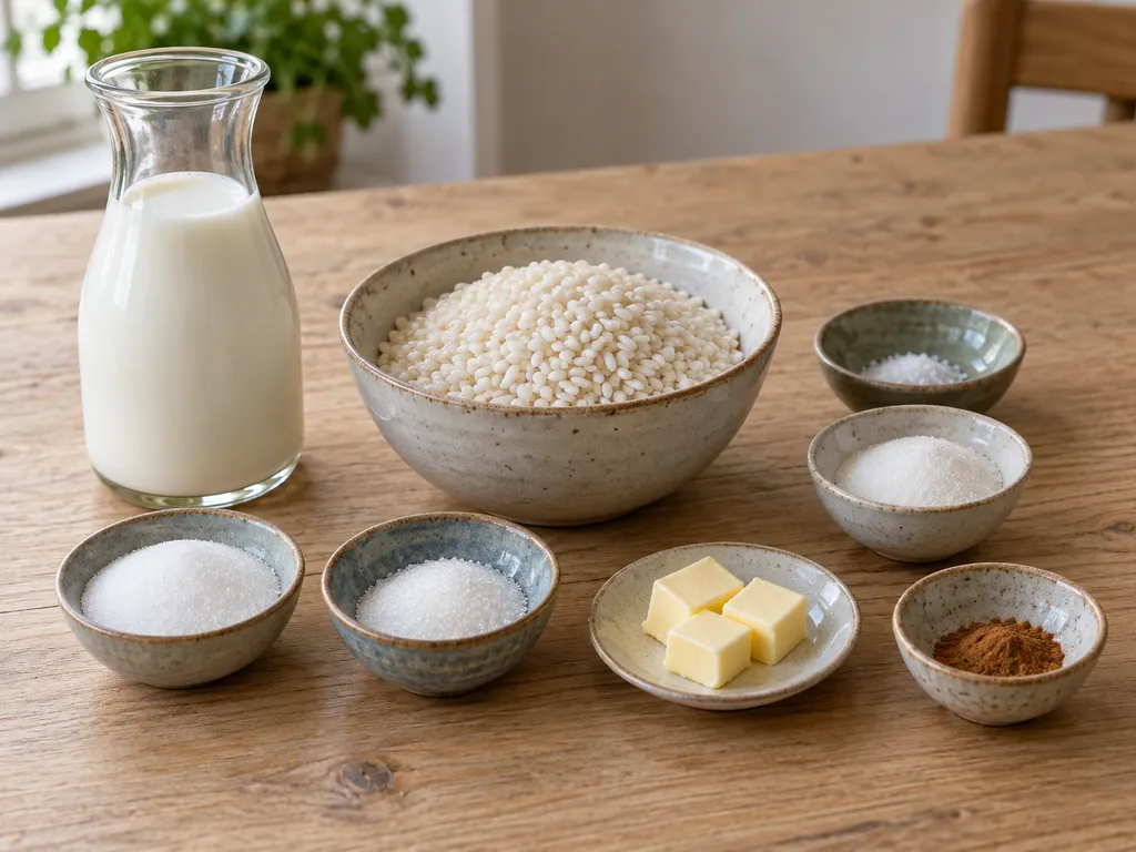 Milch, Rundkornreis, Zucker, Vanillezucker, Salz, Butter und gemahlener Zimt