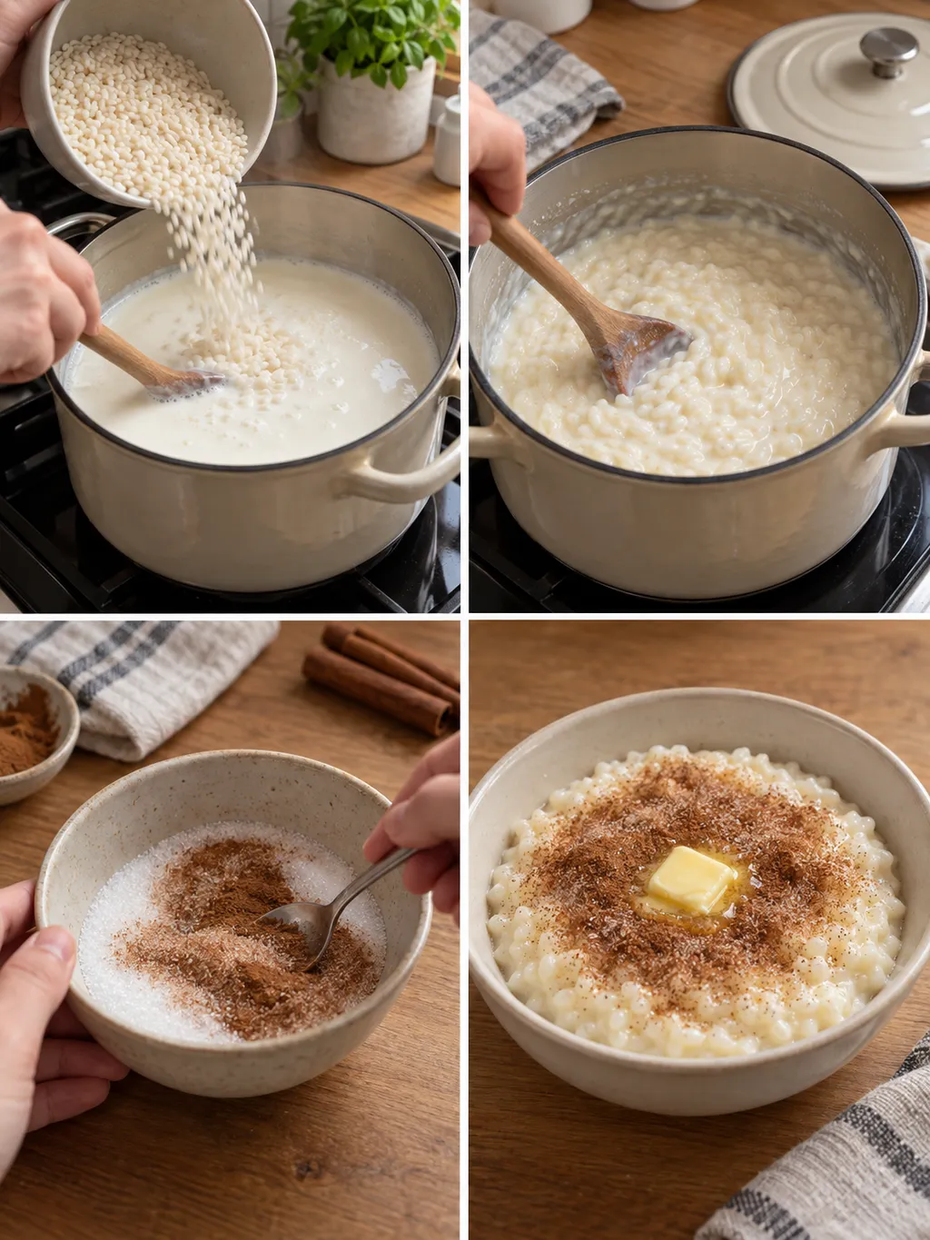 Milchreis einrühren, sanft garen, Zimtzucker mischen und fertig mit Butter servieren