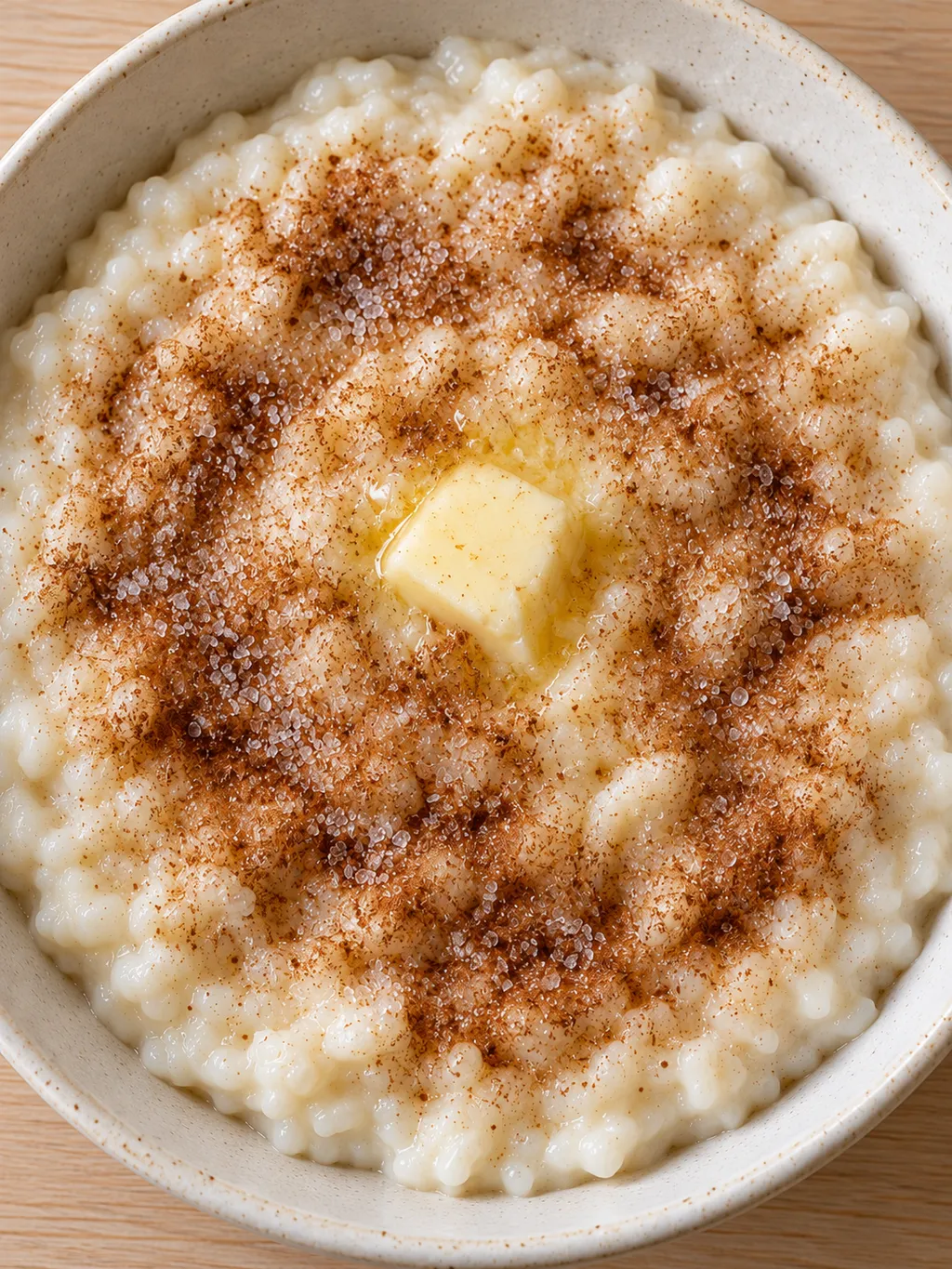 Milchreis mit feinem Zimtzucker und Butter in einer cremeweißen Schüssel