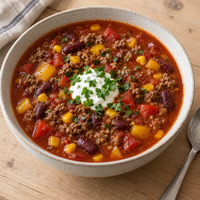 Mitternachtssuppe mit Hackfleisch, Paprika, Bohnen, Mais und einem Klecks Schmand