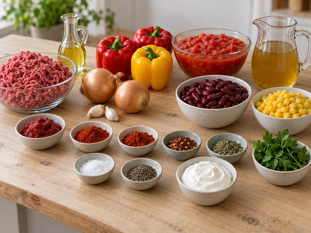 Hackfleisch, Paprika, Tomaten, Bohnen und weitere Zutaten für Mitternachtssuppe