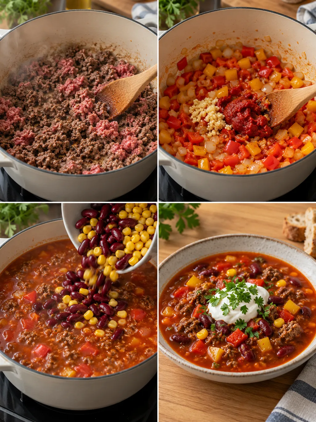 Hack anbraten, Paprika garen, Bohnen zugeben und fertige Mitternachtssuppe servieren