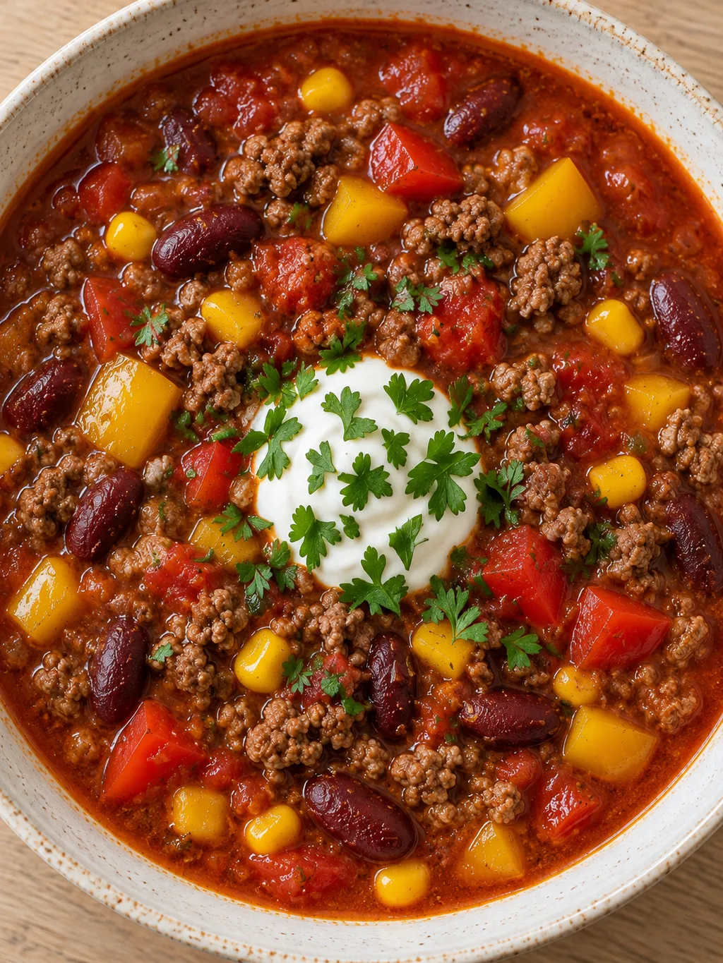 Tomatige Mitternachtssuppe mit bunten Paprikawürfeln, Hackfleisch und Schmand
