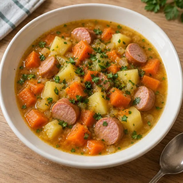 Möhreneintopf mit Kartoffelwürfeln, Bockwurstscheiben und Petersilie im tiefen Teller