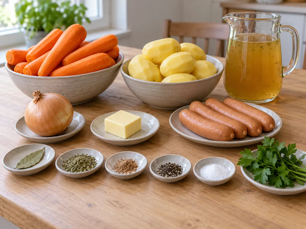 Möhren, Kartoffeln, Bockwurst, Brühe, Butter und Gewürze für den Eintopf