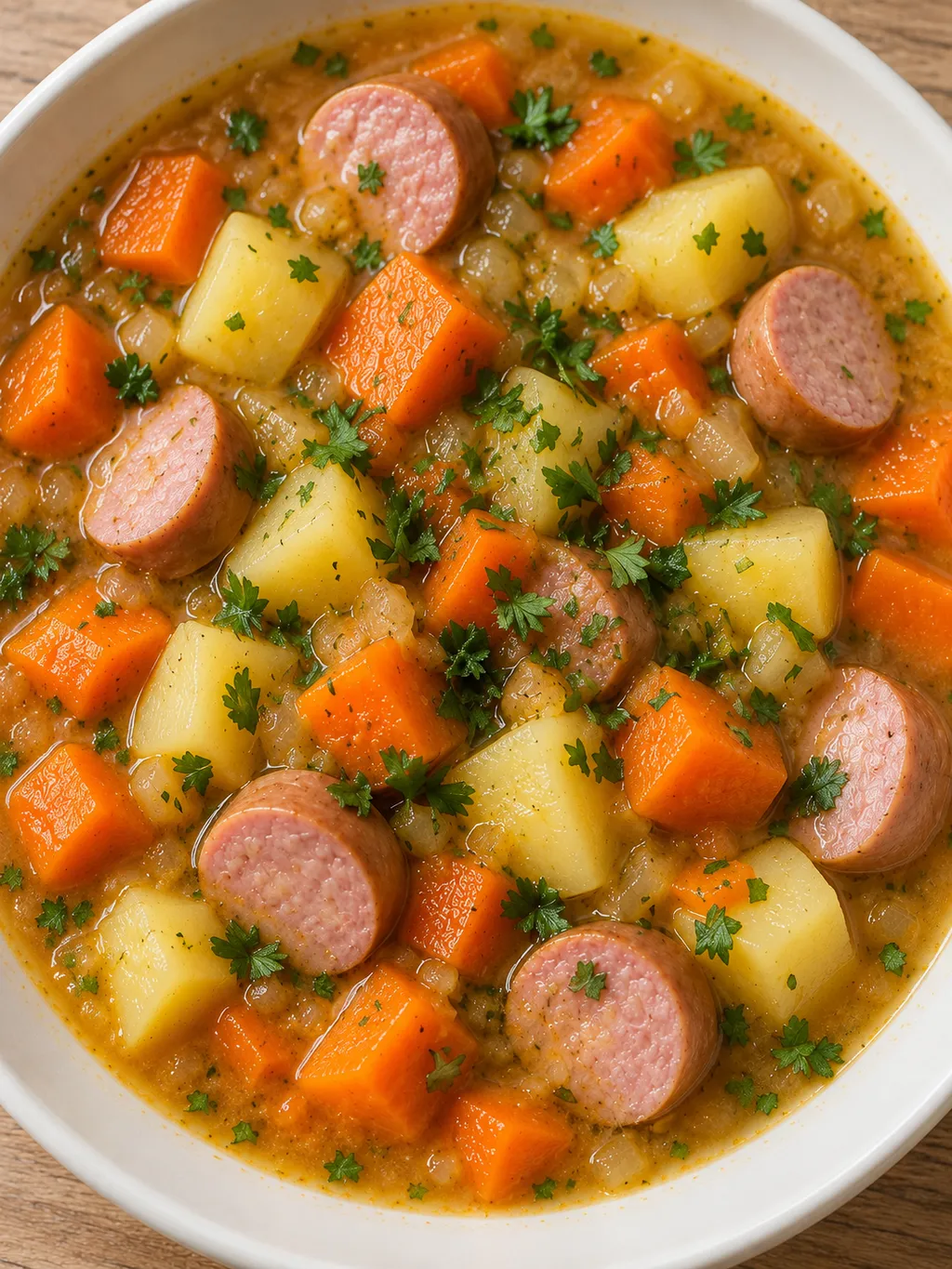 Sämiger Möhreneintopf mit Kartoffeln, Bockwurstscheiben und frischer Petersilie