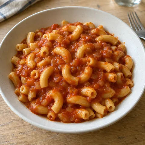 Kurze Makkaroni mit sämiger roter Tomatensoße auf einem hellen tiefen Teller