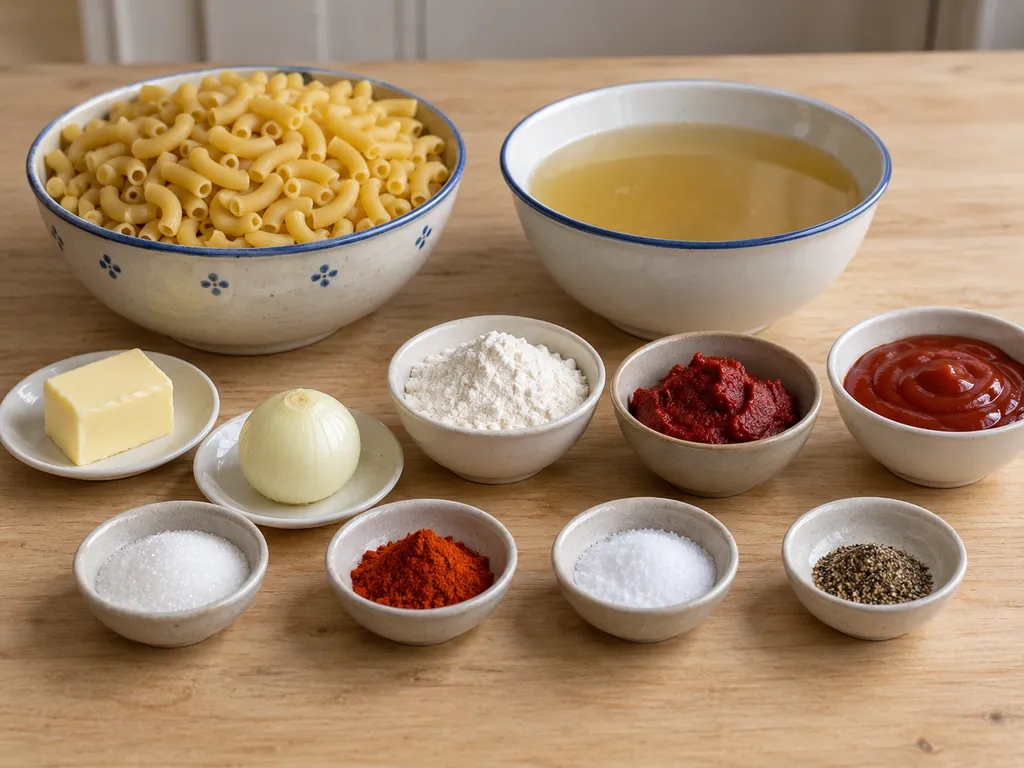 Makkaroni, Butter, Zwiebel, Mehl, Tomatenmark, Ketchup, Brühe und Gewürze