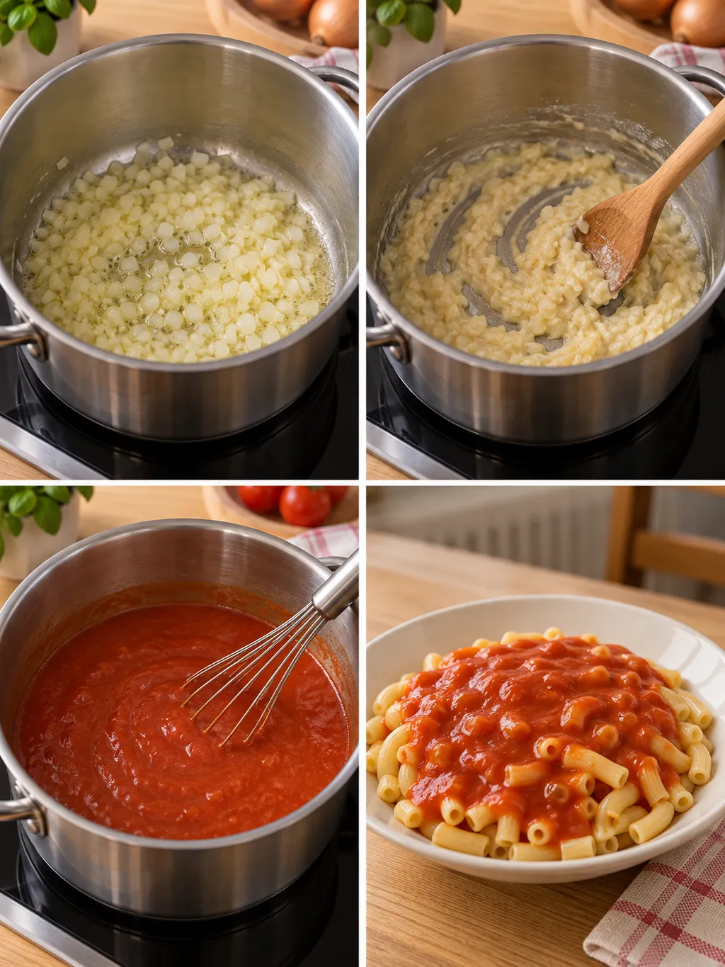 Zwiebeln dünsten, Mehlschwitze rühren, Tomatensoße kochen und fertige Makkaroni