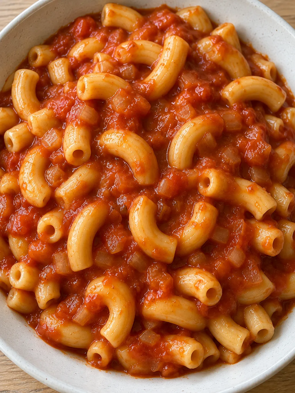 Makkaroni mit reichlich milder Tomatensoße und feinen Zwiebelstückchen