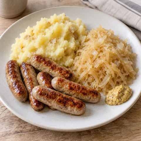 Sechs Nürnberger Rostbratwürste mit Sauerkraut, Kartoffelstampf und Senf