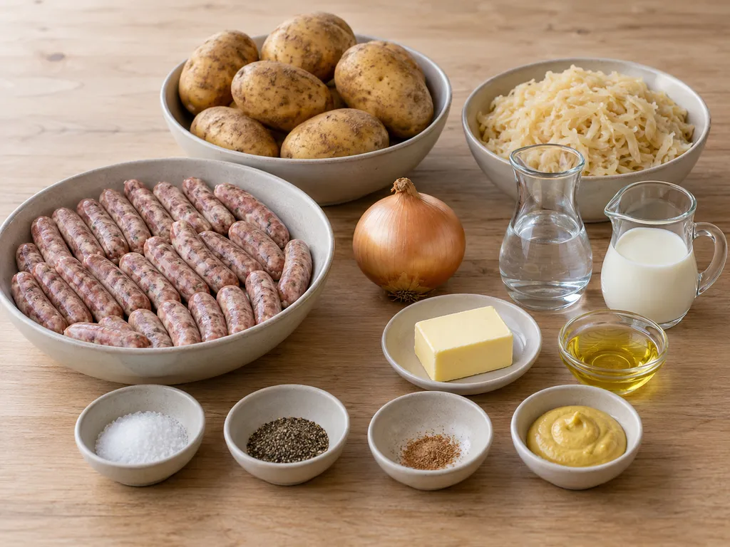 Rohe Nürnberger Rostbratwürste, Kartoffeln, Sauerkraut und weitere Zutaten
