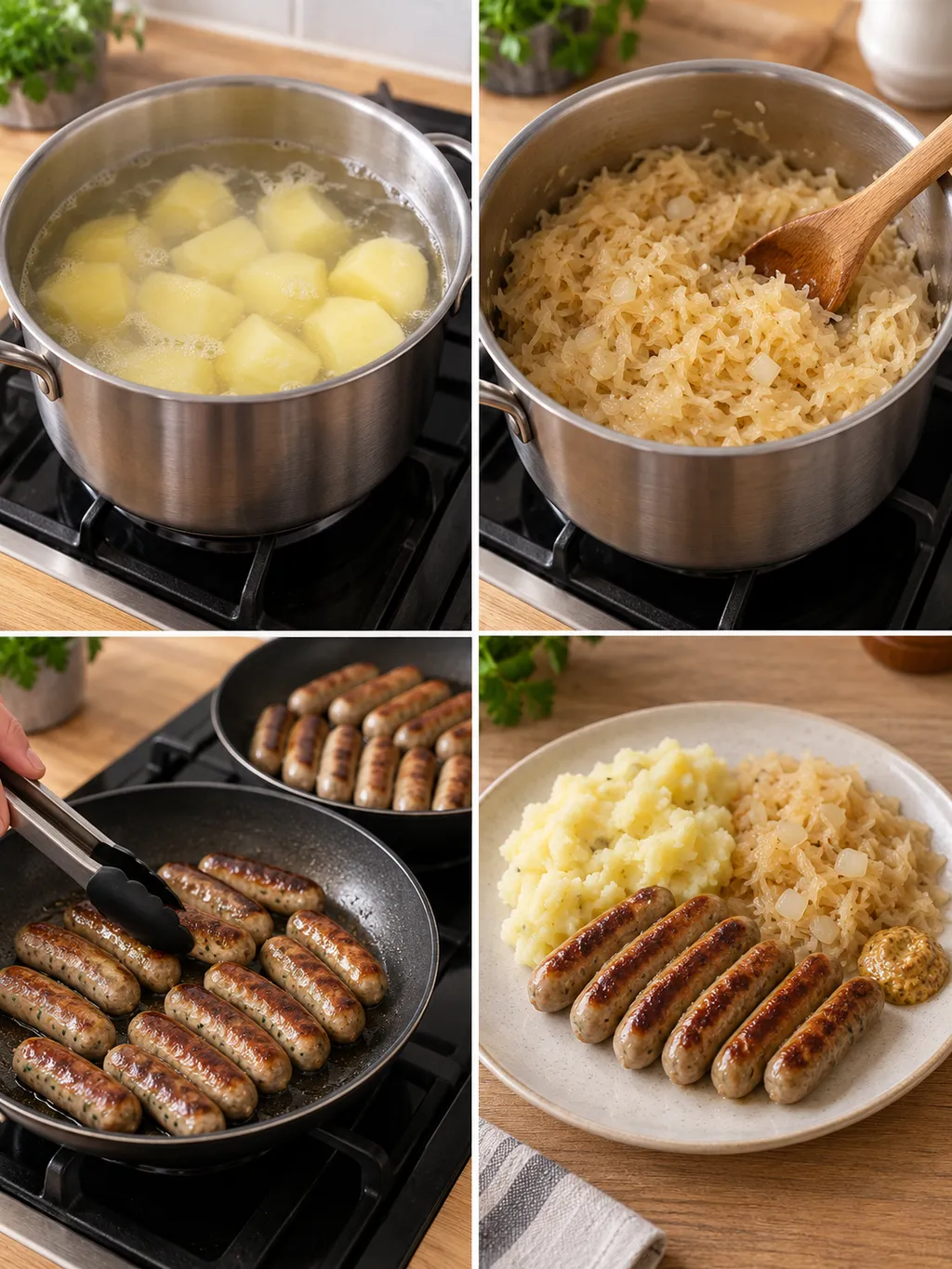 Kartoffeln kochen, Sauerkraut schmoren, Nürnberger braten und das fertige Gericht