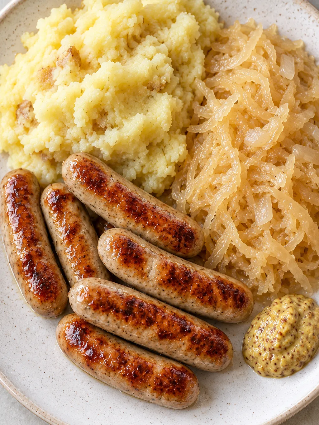 Goldbraune Nürnberger Rostbratwürste neben Kartoffelstampf, Sauerkraut und Senf