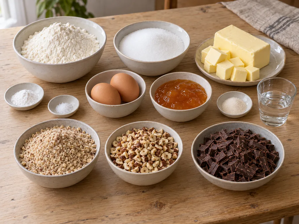 Mehl, Butter, Eier, Aprikosenkonfitüre, Haselnüsse und Kuvertüre für Nussecken