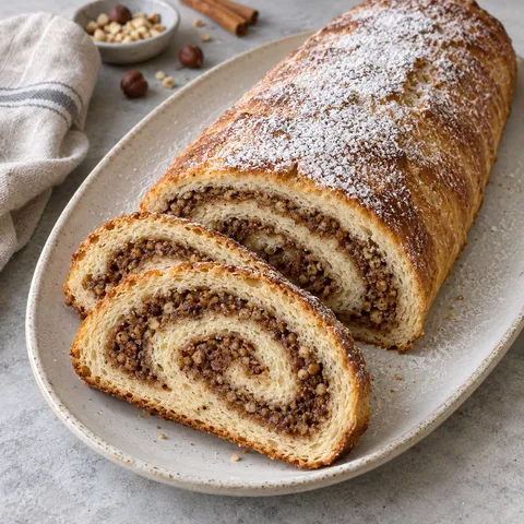 Nussstollen mit Puderzucker und angeschnittenen Scheiben mit Haselnuss-Spirale