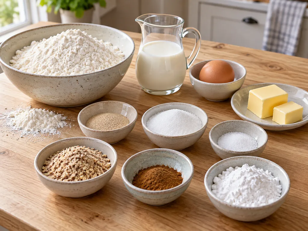 Mehl, Hefe, Milch, Ei, Butter, Haselnüsse und weitere Zutaten für Nussstollen
