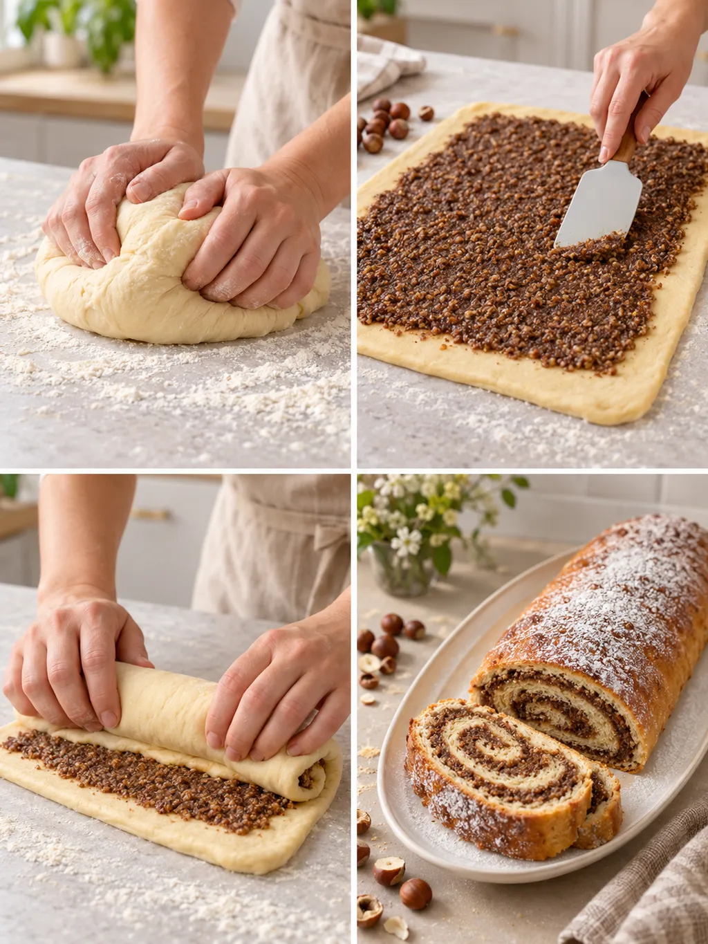 Nussstollen beim Kneten, Füllen und Rollen sowie fertig mit sichtbarer Nussspirale