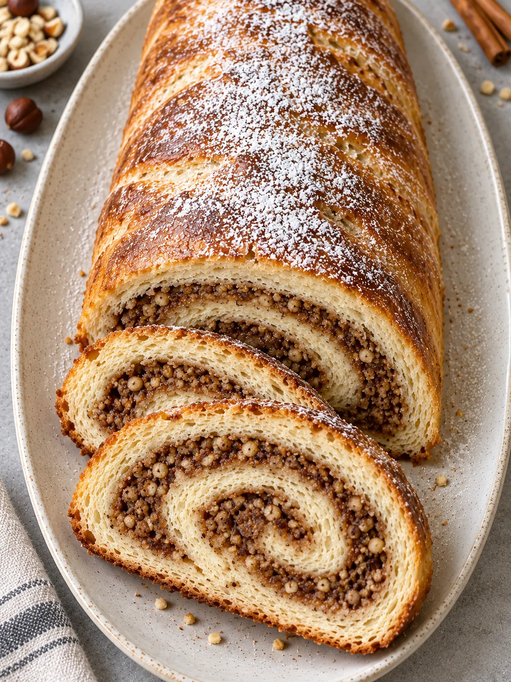 Gerollter Nussstollen mit Puderzucker und saftiger Haselnussfüllung im Anschnitt