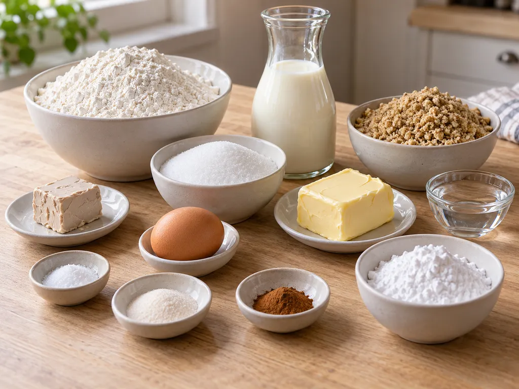 Mehl, Milch, Hefe, Ei, Butter und gemahlene Walnüsse für Nusszopf