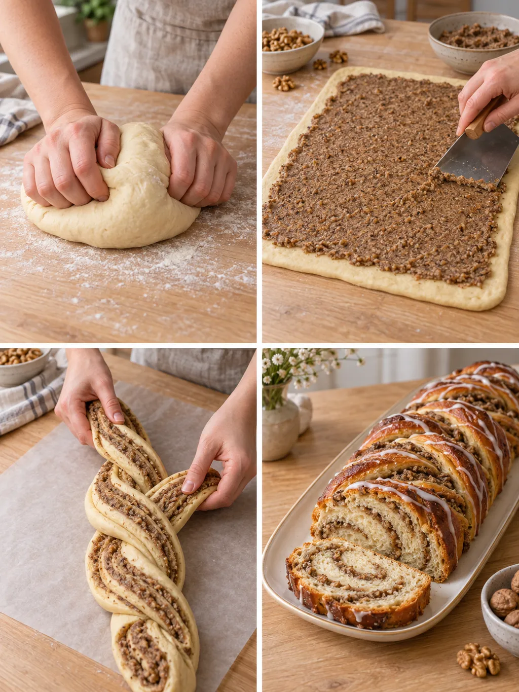 Nusszopf beim Kneten, Füllen und Verschlingen sowie fertig gebacken mit Zuckerguss
