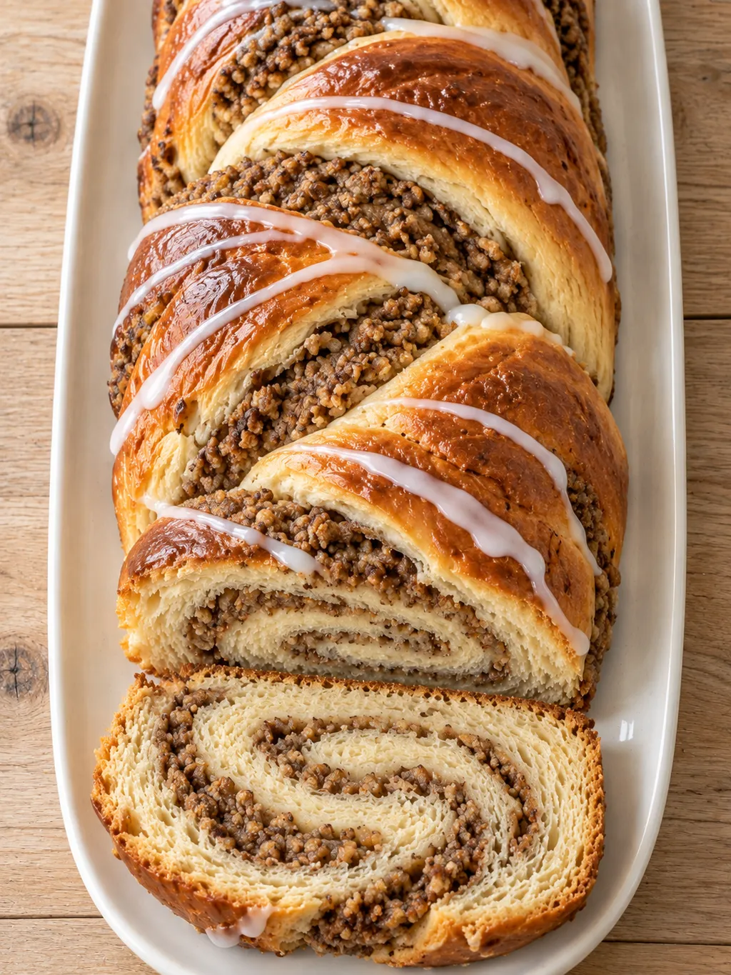 Goldbrauner Walnuss-Nusszopf mit Zuckerguss und sichtbaren Nussschichten