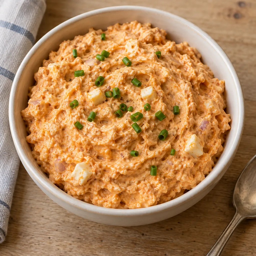 Helloranger Obatzda mit kleinen Camembertstückchen und Schnittlauch in einer Keramikschale