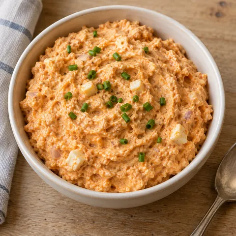 Helloranger Obatzda mit kleinen Camembertstückchen und Schnittlauch in einer Keramikschale