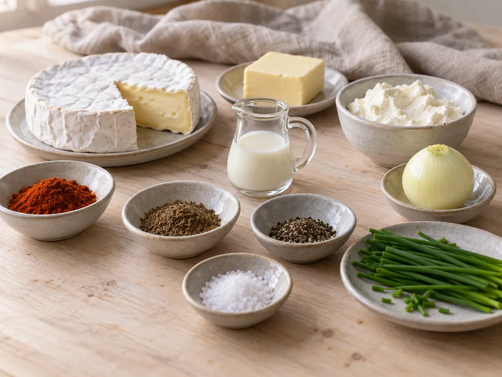 Camembert, Butter, Frischkäse, Milch, Gewürze, Zwiebel und Schnittlauch für Obatzda
