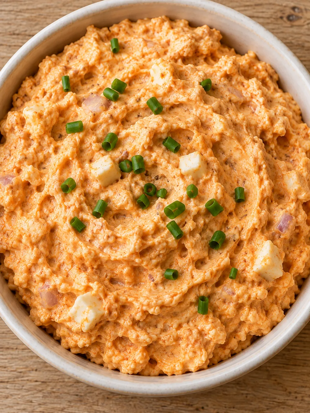 Cremiger Obatzda mit Paprika, feinen Zwiebelwürfeln und grünen Schnittlauchröllchen