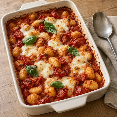 Ofen-Gnocchi in Tomatensoße mit Kirschtomaten, geschmolzenem Mozzarella und Basilikum