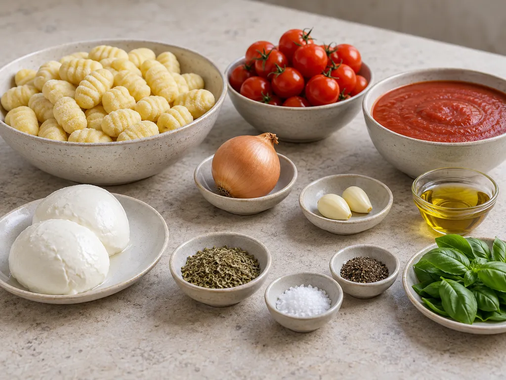 Gnocchi, Tomaten, Mozzarella, Basilikum und weitere Zutaten auf einer hellen Arbeitsfläche