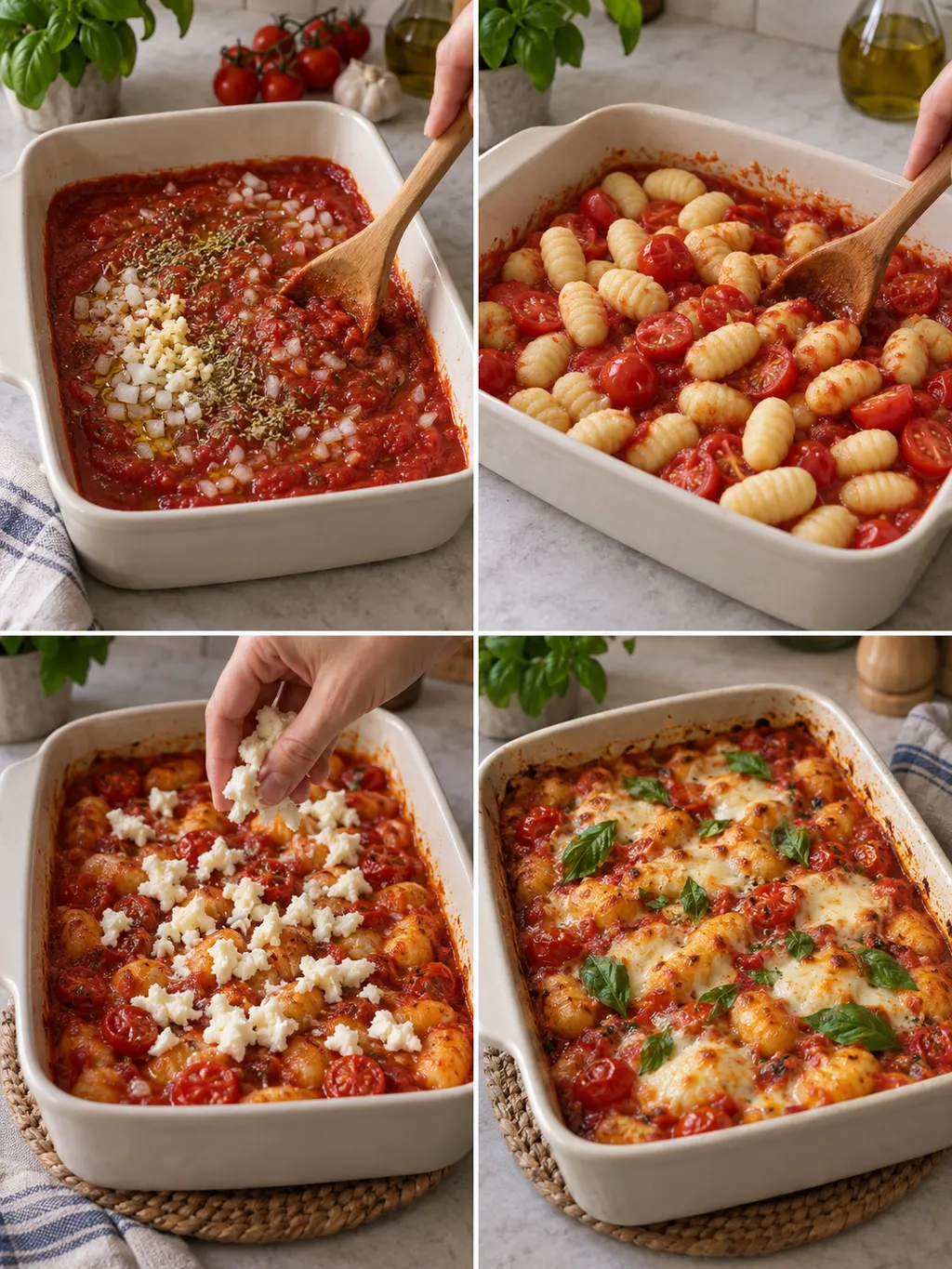 Zubereitung der Ofen-Gnocchi vom Vermischen bis zum fertigen Auflauf mit Basilikum