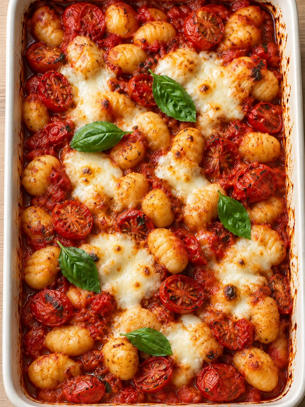 Gnocchi-Auflauf mit roter Tomatensoße, goldbraunem Mozzarella und frischem Basilikum