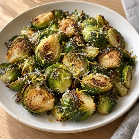 Ofen-Rosenkohl mit goldbraunen Schnittflächen, Parmesan und Zitronenabrieb