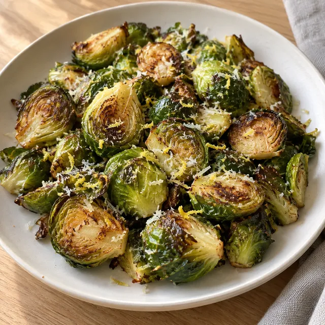 Ofen-Rosenkohl mit goldbraunen Schnittflächen, Parmesan und Zitronenabrieb