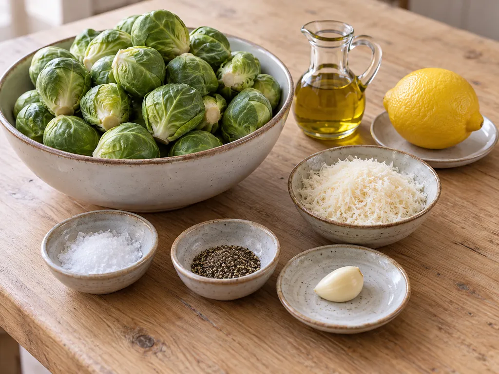 Rosenkohl, Parmesan, Olivenöl, Knoblauch, Zitrone, Salz und Pfeffer